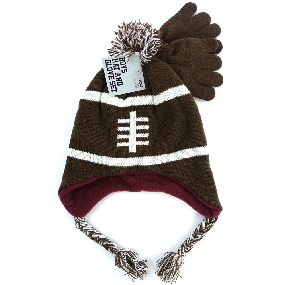 Boys Hat and Gloves Set Fleece Lined fits ages 4 through 7 Brown Beanie Football